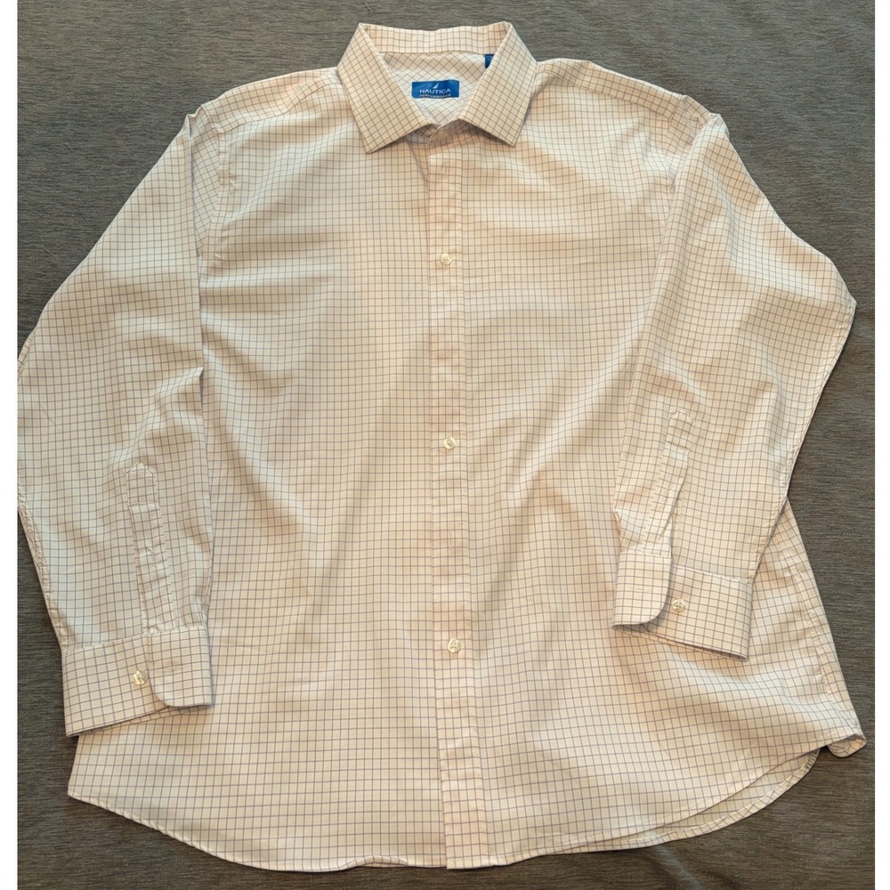 Nautica Performance Dress Shirt Mens XL White Purple Windowpane Button Down